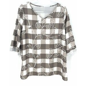 Taupe Brown White Check Floral Print Womens 2XL Blouse Button Detail Teacher